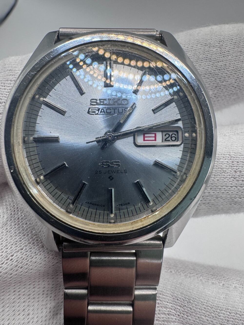 Vintage SEIKO 5 ACTUS SS 6106-7510 Ice Blue 25J Automatic Day-Date